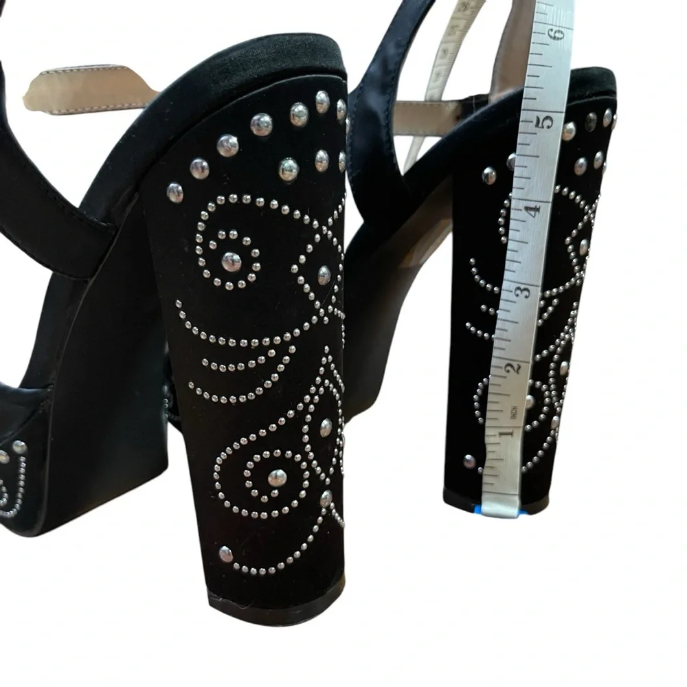 Chic Black Satin Platform Heel Sandals with Silver Studded‎ Accents Ankle strap